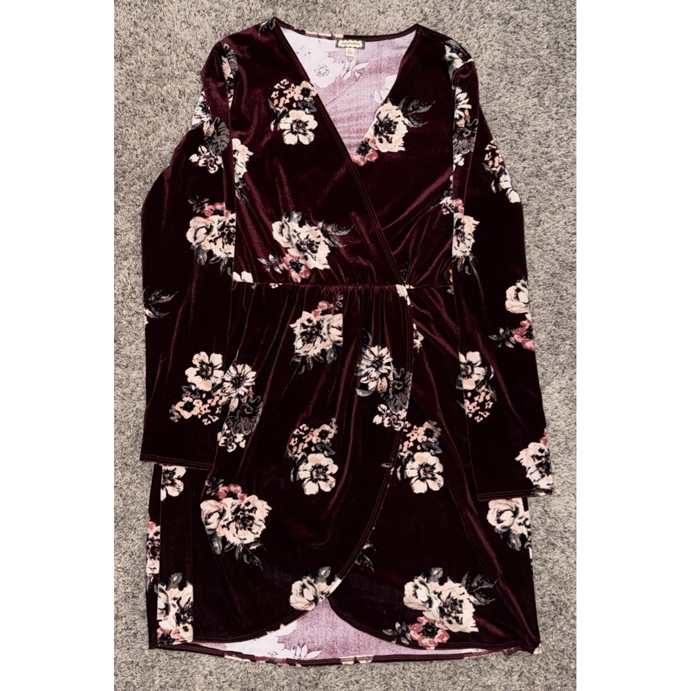 Eyeshadow XL burgundy floral velour faux‎ wrap long sleeve knee length dress
